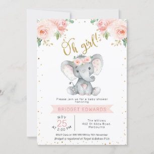 Gold Pink Girl's Safari Elephant Baby Shower Invitation