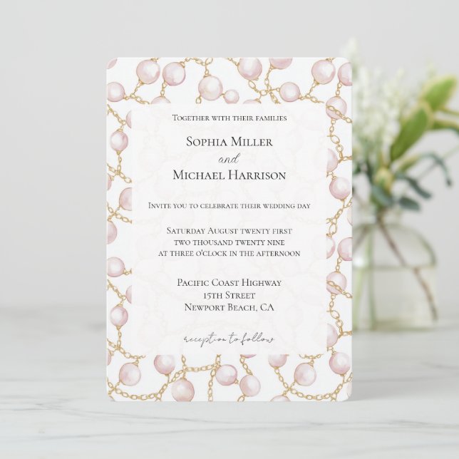 Gold Pink Glam Pearls Wedding Invitation (Standing Front)