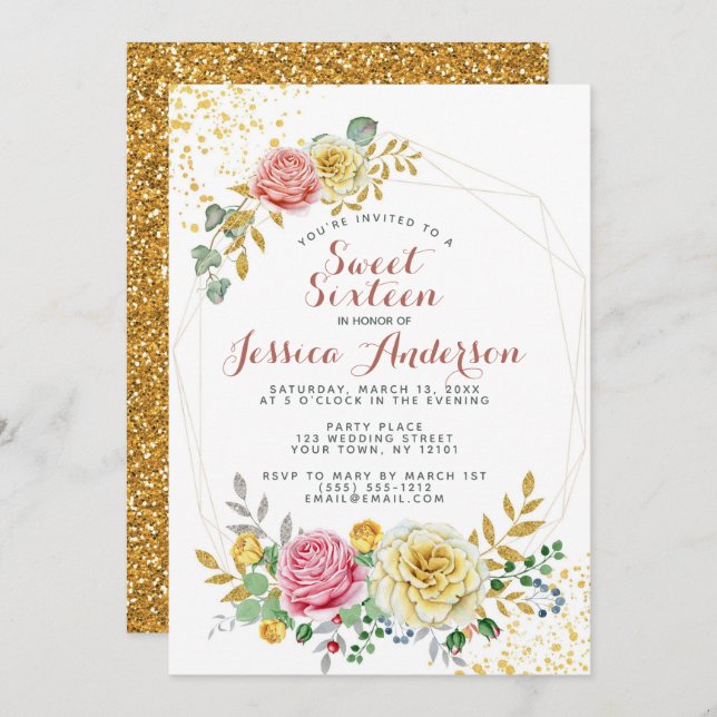 Gold Pink Glitter Floral Sweet Sixteen Invitation (Front/Back)