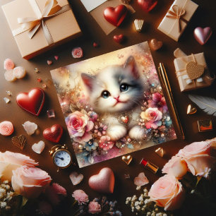 Gold Pink Glitter Floral Watercolor Cat Valentine Holiday Card