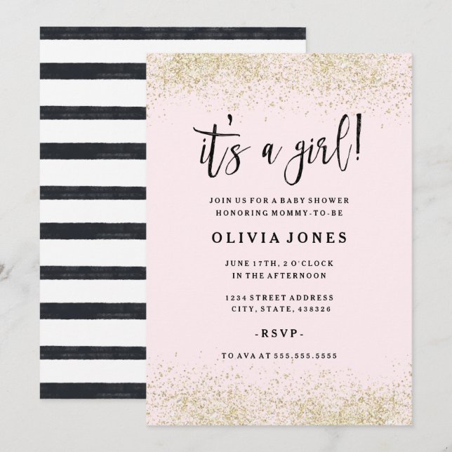 Gold Pink Glitter Girl Baby Shower Invitation (Front/Back)