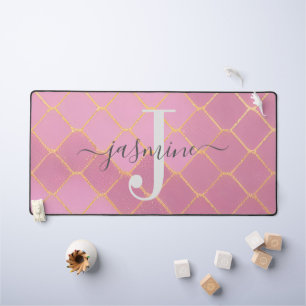Gold & Pink Glitter Monogram Script Desk Mat