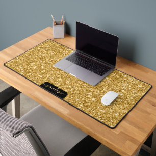 Gold pink glitter texture and sparkles, monogram desk mat