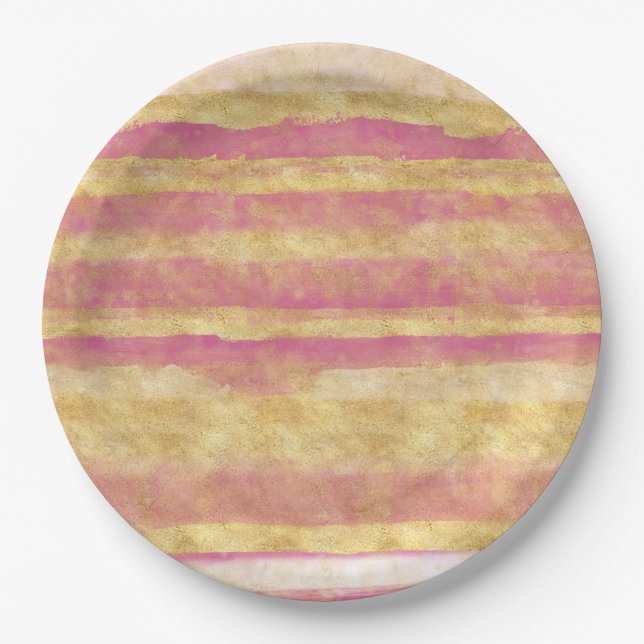 Gold Pink Glitz Stripes Paper Plate (Front)