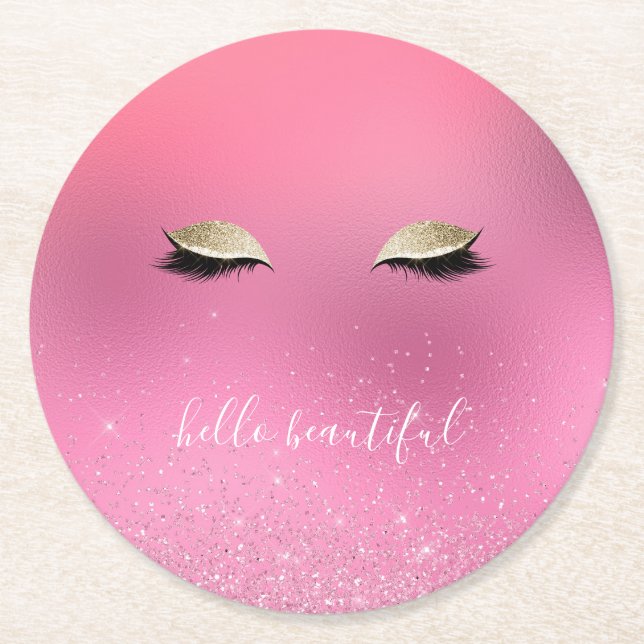 Gold Pink Glitzy Eyes Round Paper Coaster (Front)