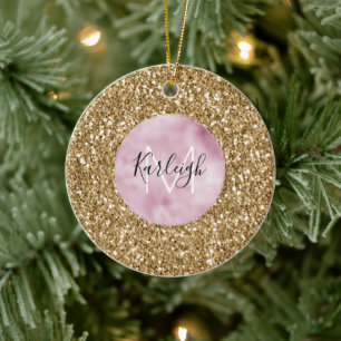 Gold Pink Glitzy Glitter Monogram personalised Ceramic Ornament