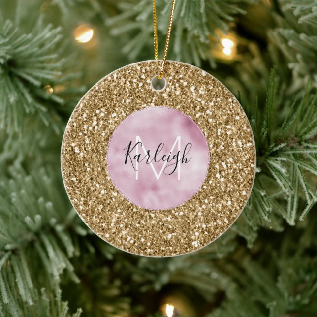 Gold Pink Glitzy Glitter Monogram personalised Ceramic Ornament (Tree)
