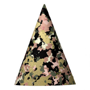 Gold Pink Green Black Camouflage Birthday Party Hat