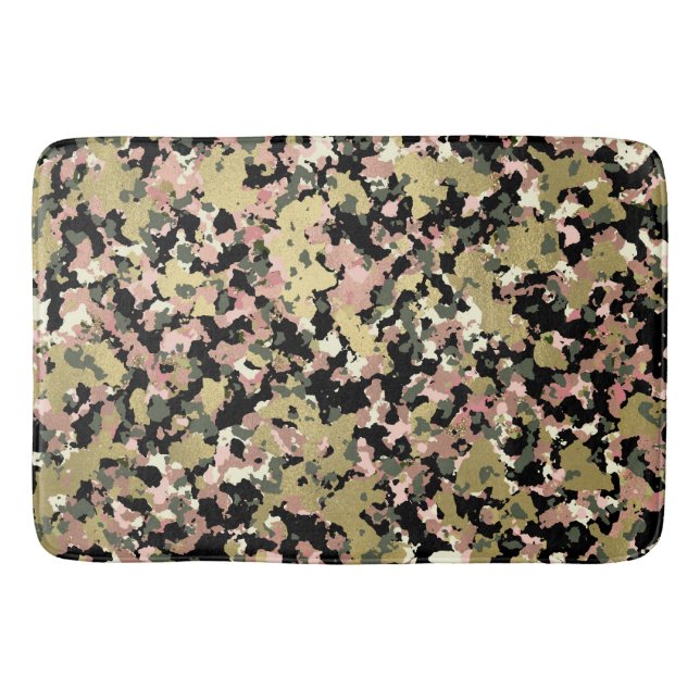 Gold Pink Green Black Camouflage Pattern Print Bath Mat (Front)