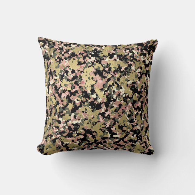 Gold Pink Green Black Camouflage Pattern Print Cushion (Front)