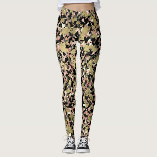Gold Pink Green Black Camouflage Pattern Print Leggings