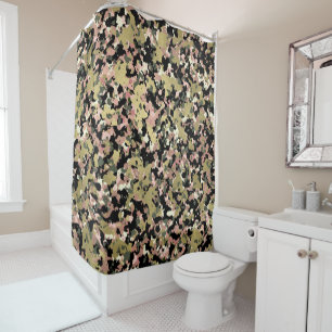 Gold Pink Green Black Camouflage Pattern Print Shower Curtain