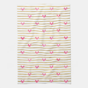 Gold Pink Hearts and Stripes Tea Towel