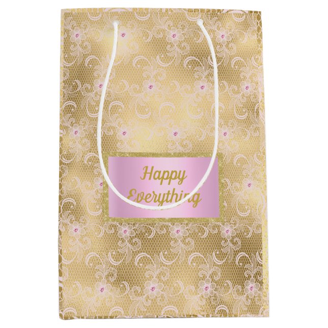 Gold pink lace elegant gift bag favour bag new (Front)