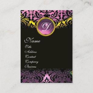 GOLD PINK LAVENDER  BLACK AMETHYST DAMASK MONOGRAM BUSINESS CARD