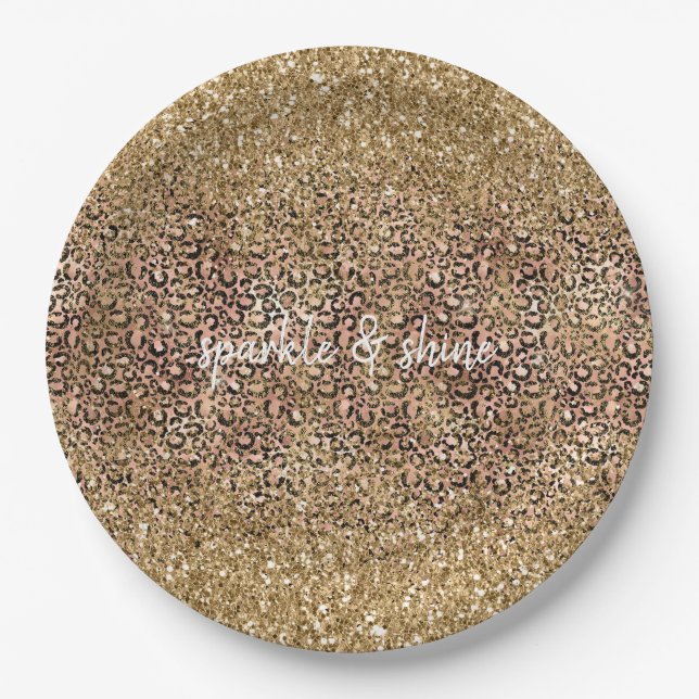 Gold Pink Leopard Print Glitter personalized Paper Plate (Front)