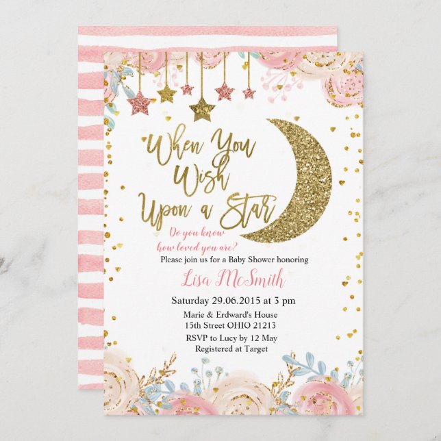 Gold Pink Little Star Baby Shower Invitation (Front/Back)
