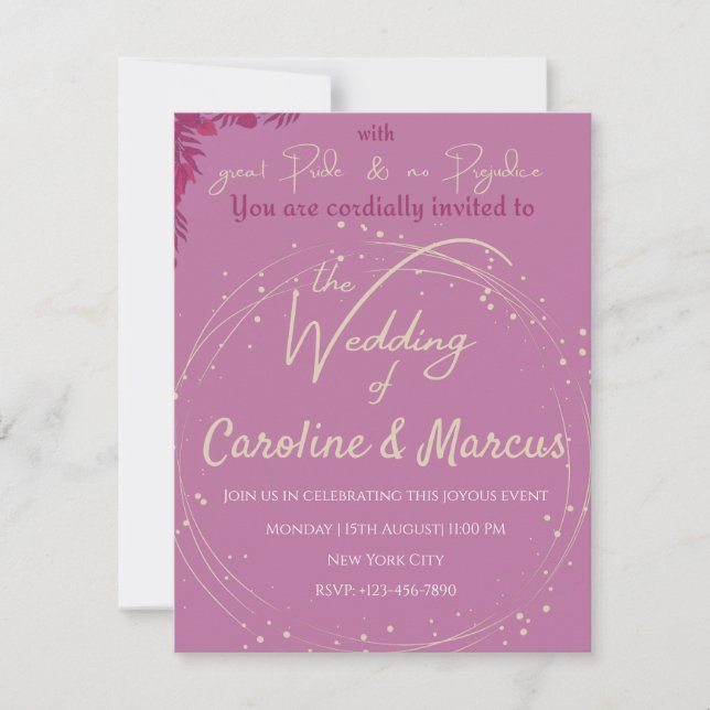 Gold & Pink Lizzy & Darcy theme wedding invitation (Front)