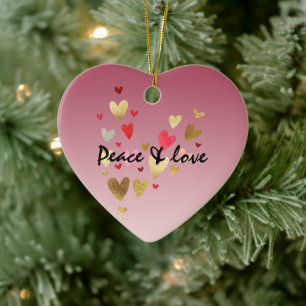 Gold Pink Love Hearts Ceramic Ornament