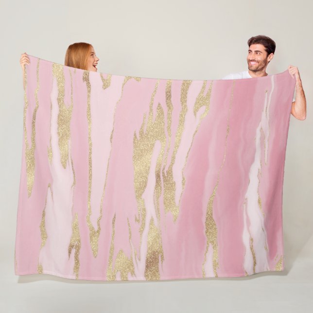 Gold Pink Marble Abstract Painting Fleece Blanket (In Situ)