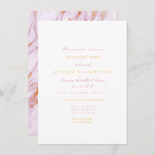 Gold Pink Marble Birthday Party Pastel Forma White Invitation (Front/Back)