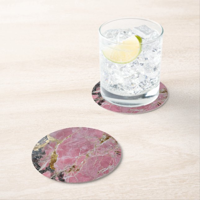 Gold Pink Marble Pattern Round Paper Coaster (Insitu)