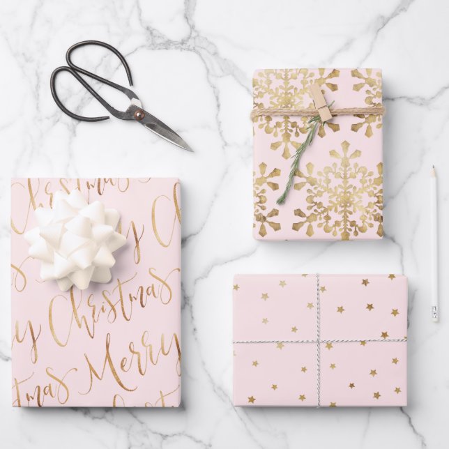 Gold Pink Merry Christmas Script Snowflakes Stars Wrapping Paper Sheet (Front)