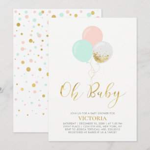 Gold, Pink, Mint Balloons   Oh Baby Baby Shower Invitation