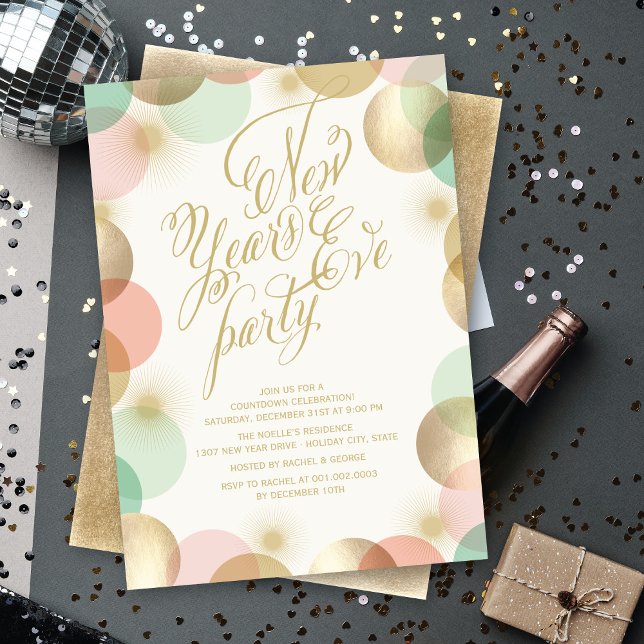 Gold Pink Mint Confetti Stars New Year's Eve Party Invitation (Creator Uploaded)