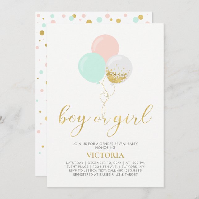 Gold, Pink, Mint | Gender Reveal Baby Shower Invitation (Front/Back)