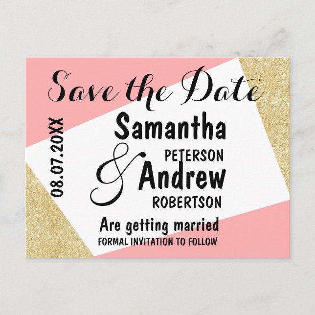Gold pink modern colour block save the date announcement postcard (Front)