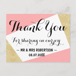 Gold pink modern colour block wedding thank you postcard