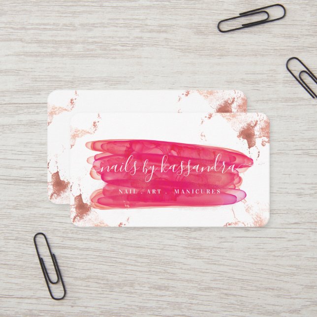 Gold & Pink Nail Polish Brush Stroke & Script Name Business Card (Front/Back In Situ)