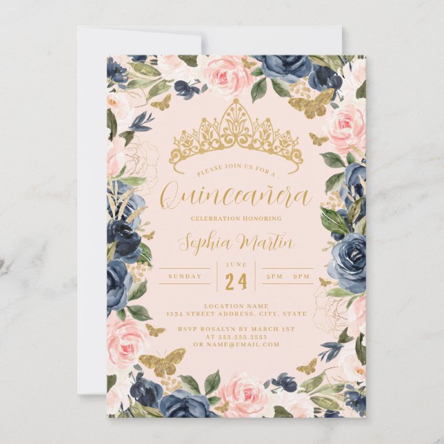 Gold Pink Navy Floral Butterfly Photo Quinceanera  Invitation (Front)