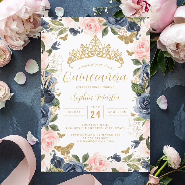 Gold Pink Navy Floral Tiara Butterfly Quinceanera  Invitation (Creator Uploaded)