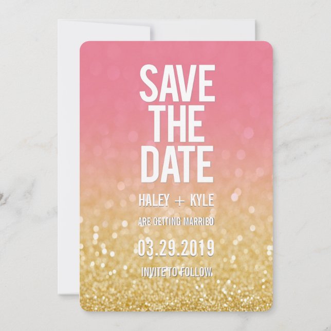 Gold Pink Ombre Glitter Save the Date Typography Invitation (Back)