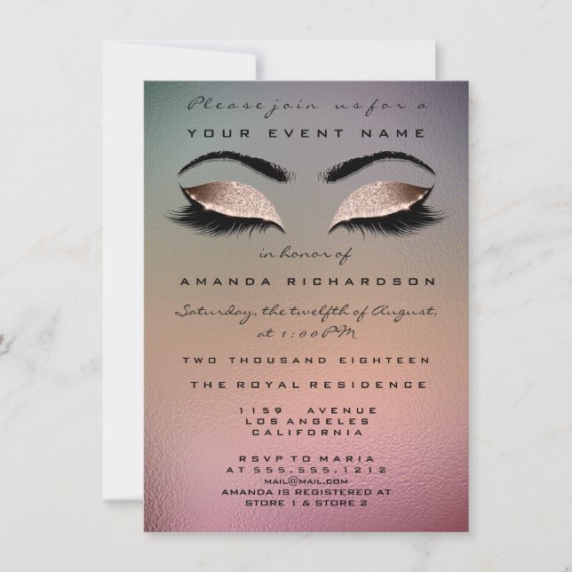 Gold Pink Ombre Makeup Glitter Bridal 16th Eye Invitation (Front)