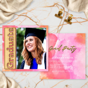 Gold Pink Orange Photo Graduation Graduate Party Invitation