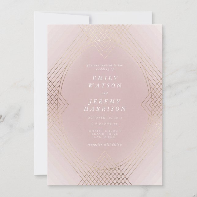 Gold Pink Oval Geometric Art Deco Gatsby Wedding Invitation (Front)
