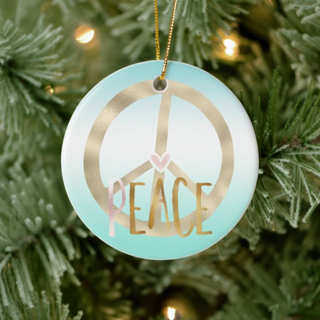 Gold Pink Peace Sign Inspirational Quote Ceramic Ornament (Tree)