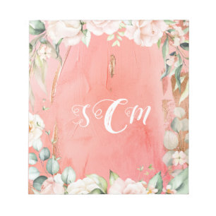Gold Pink Peach Floral Watercolor Elegant Monigram Notepad