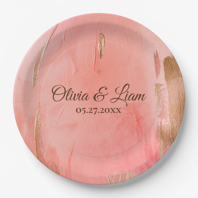 Gold Pink Peach Name Brown Elegant Wedding Paper Plate (Front)