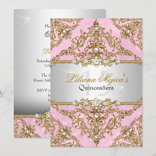 Gold & Pink Pearl Damask Quinceanera Invite (Front/Back)