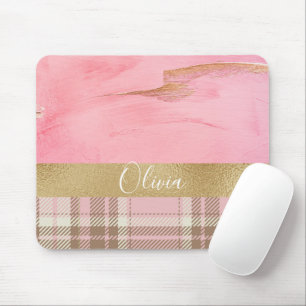 Gold Pink Plaid Abstract Watercolor Name Mouse Pad