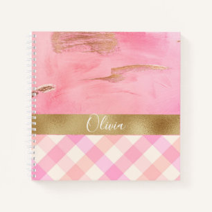 Gold Pink Plaid Abstract Watercolor Script Name Notebook