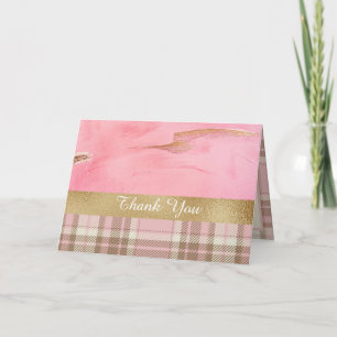 Gold Pink Plaid Abstract Watercolor Thank You Card