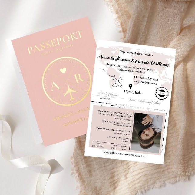 Gold & Pink Plush Passport  Wedding Invitation (Creator Uploaded)