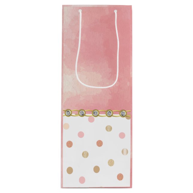 Gold, Pink, Polkadot, Pastel, Girly, Sweet, Chic Wine Gift Bag (Front)