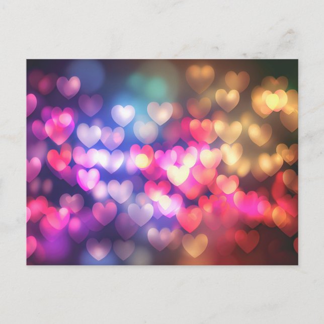 Gold Pink Red Bokeh Hearts Postcard (Front)