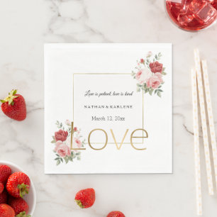 Gold Pink Red Roses Floral Gold Love Wedding  Napkin